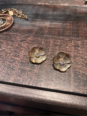 Gold Flower Stud Earrings with Crystal Center